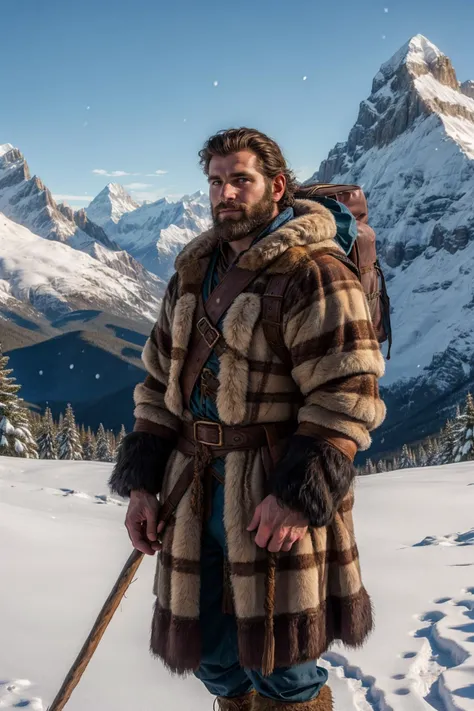 still from a fantasy movie of, a burly 35yo mountaineer, wearing a fur coat, beard, mountains, snow, natural light,  <lora:more_details:0.1>