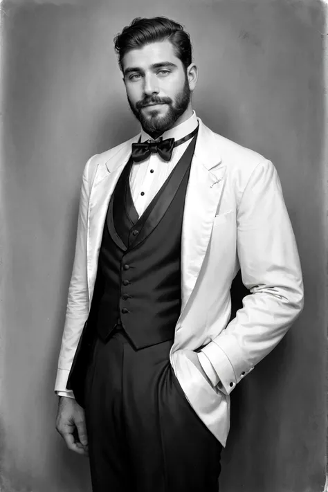 1920s photograph of a handsome bearded man, wearing tuxedo,