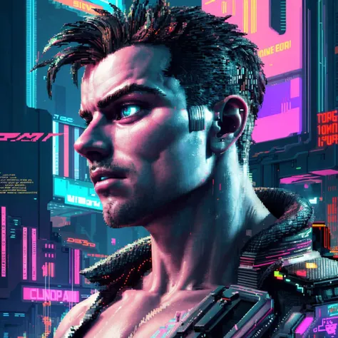 an athletic male, in a (glitched digital city), (close-up:0.8), vivid colours, dramatic lighting, handsome, looking to the side, floating pixels, cyberpunk, line weight, glitch art,