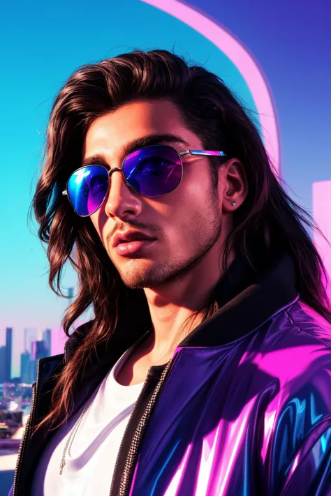 vaporwave album cover featuring, a 30yo male, messy long hair, reflective sunglasses, vivid colours, cinematic lighting, thick lips, futuristic jacket, skin texture, dynamic angle,