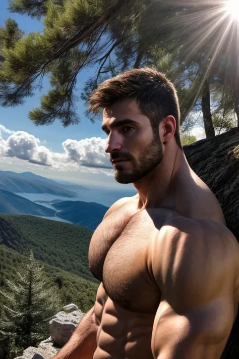 photograph of, a handsome male, large pectoral muscles, on a greek mountaintop, (clouds), stubble, (long hair:0.4), sharp focus, polaroid, muted colours, tree, forrest, sun beams, portrait, (close-up:0.7), <lora:more_details:0.5>