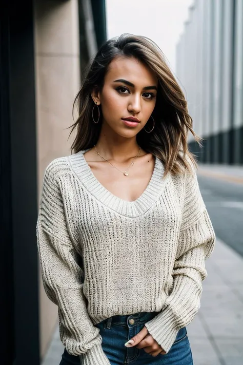 photo of beautiful (J4n1ceGr1ff1thV2-140:0.99), a woman, perfect hair, (modern photo), wearing a (long sleeved sweater:1.2) and long pants with jewelry, portrait, 85mm, (analog, cinematic, film grain:1.3), (Energy Harvesting Facility, Complex harnessing en...