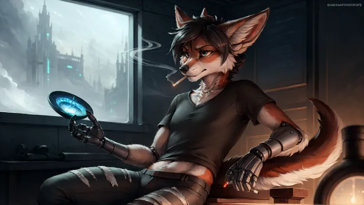 science room background, cyberpunk, cybernetics, cyborg, sullen look, angry, (smokes a cigarette), gramophone, (cybernetic hand:1.4), (black t-shirt), jeans, smoke, 
detailed background, wolf, female furry, (multicolored fur), 
masterpiece, detailed fur, r...