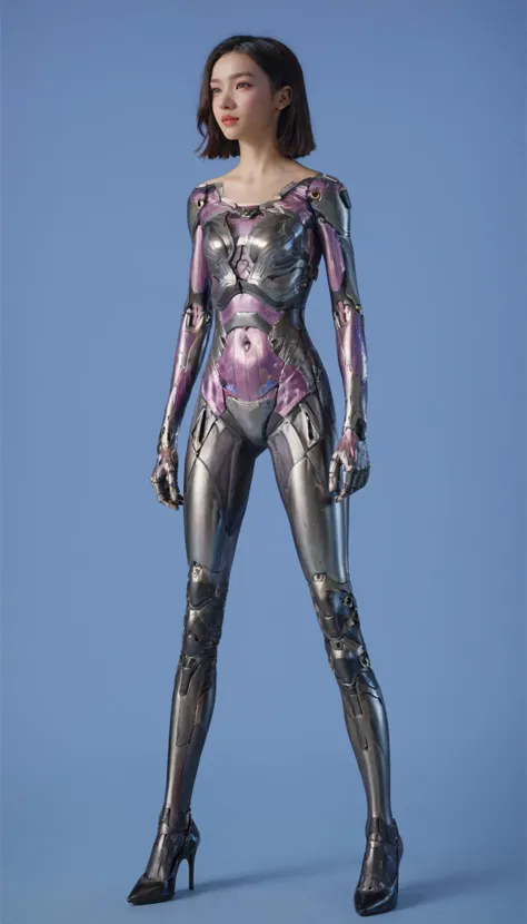 a woman in a metallic suit and high heels posing