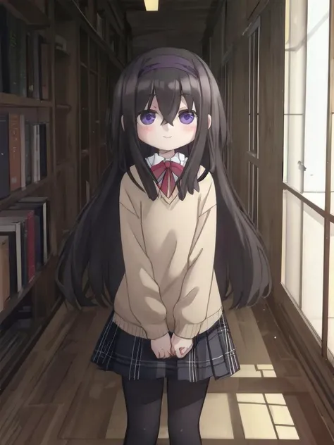 anime girl in school uniform standing in a library with bookshelves