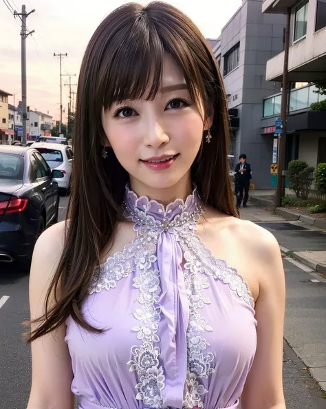 a woman posing on the street corner with light purple dress on, best quality, high res, 8k, 1girl, (huge breasts), day, bright, outdoor, (street:0.8), (people, crowds:1), (lace-trimmed dress:1.5, purple clothes:1.5, purple high-neck dress:1.5, sleeveless d...