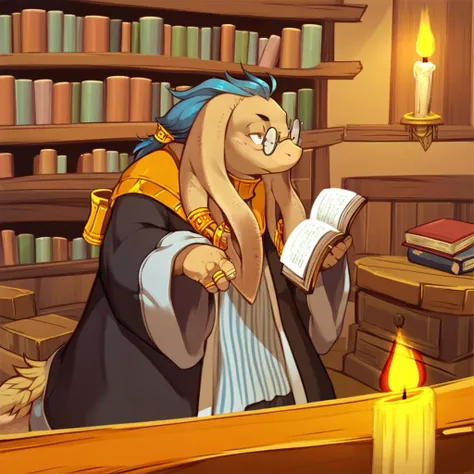 a close up of a cartoon character reading a book in a library