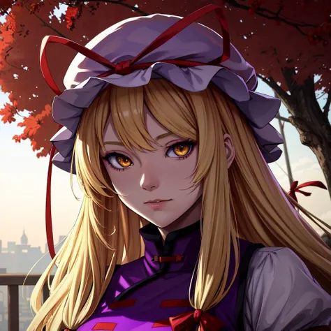 face portrait, yellow eyes, absurdres, photorealistic, 1girl, detailed eyes, highly detailed face, (blond hair)+(long hair)+(mob cap)+(red tress ribbon), yakumo yukari, flat chest, purple tabard, <lora:YakumoYukari_01:0.5> <lora:yukari:0.5>