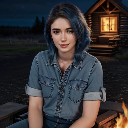 CaY a woman about 25 years old, (wearing flannel shirt and blue jeans), (shirt slightly unbuttoned), (medium length shaggy hair), (blue hair), dyed hair, medium length hair, pale skin, (brown eyes), elegant, she is smiling, ((at dusk with dark evening sky)...