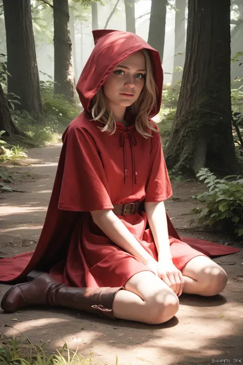 arafed woman in red dress sitting on ground in forest