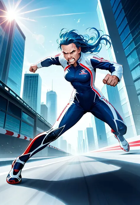 score_9, score_8_up, score_7_up, no accessories, sketch, academy themed art, determined student with long blue hair in dynamic action pose, racing suit, focused expression, teeth gritted, pushing the limits of her high-speed motorcycle, futuristic cityscap...