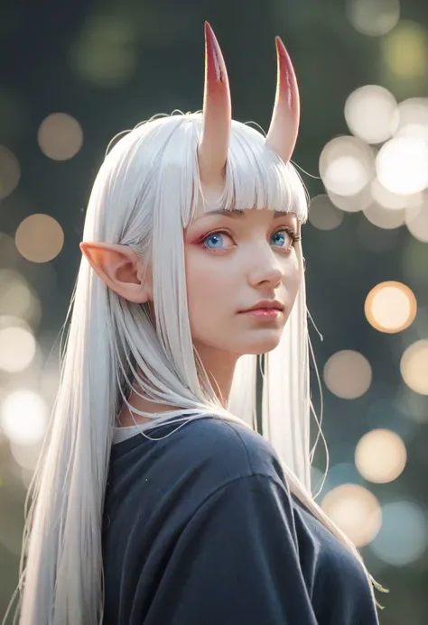 a woman with horns and blue eyes is posing for a picture