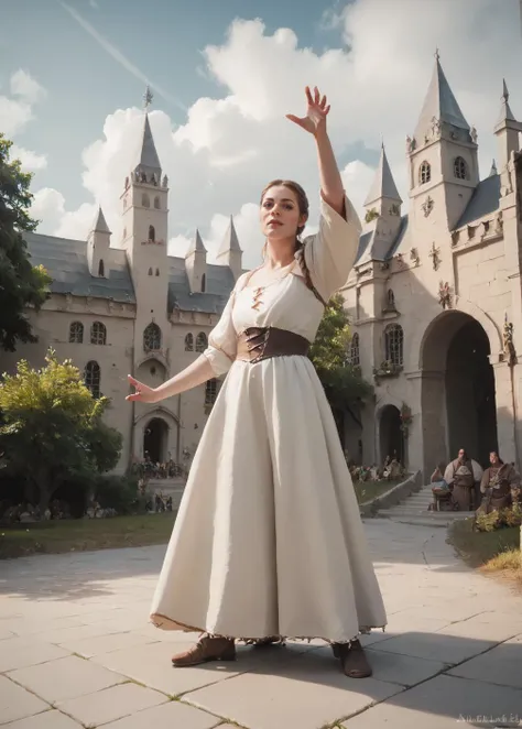 realistic photo of of a girl with traditional clothing, dynamic pose in front of medieval cathedral, (score_9, score_8_up, score_7_up)