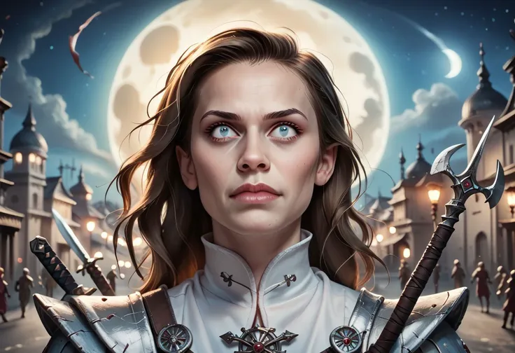 a woman in a white outfit holding two swords in front of a full moon