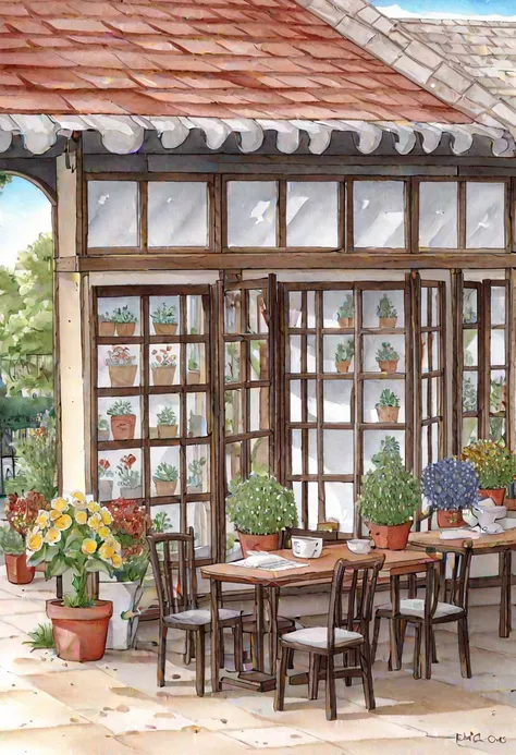 Flower store, coffee spot, tables, chairs, no one, windows, flowers, plants, potted plants, watercolor (medium), landscapes, doors, air conditioning, paintings (medium), traditional media, houses, outdoors, balconies, architecture,  <lora:Pastel color:0.85...