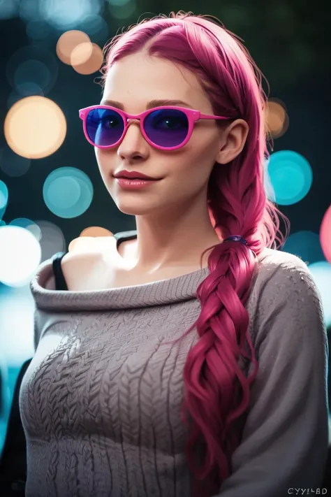 a woman with pink hair and sunglasses standing in front of a city street