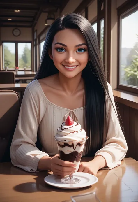 woman sitting at a table with a dessert in a glass