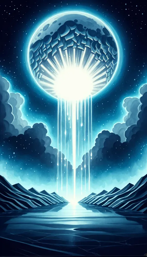 a painting of an alien spaceship flying over a lake