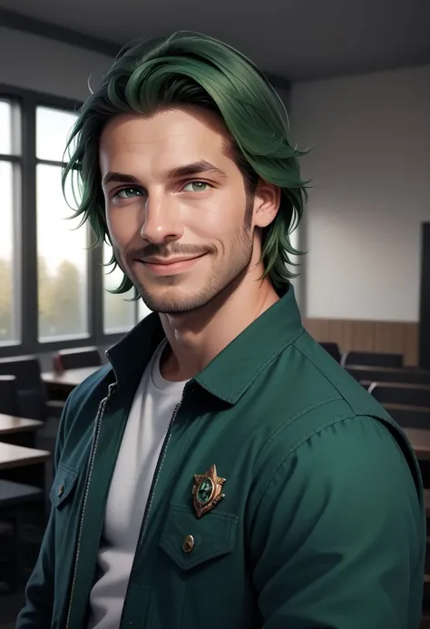 arafed man with green hair and a green jacket in a classroom