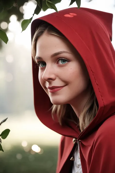 a close up of a woman in a red hoodie and a tree