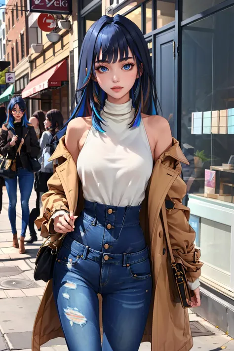 a woman with blue hair and a trench jacket walking down a street