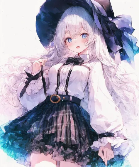 anime girl with long white hair wearing a black hat and a dress