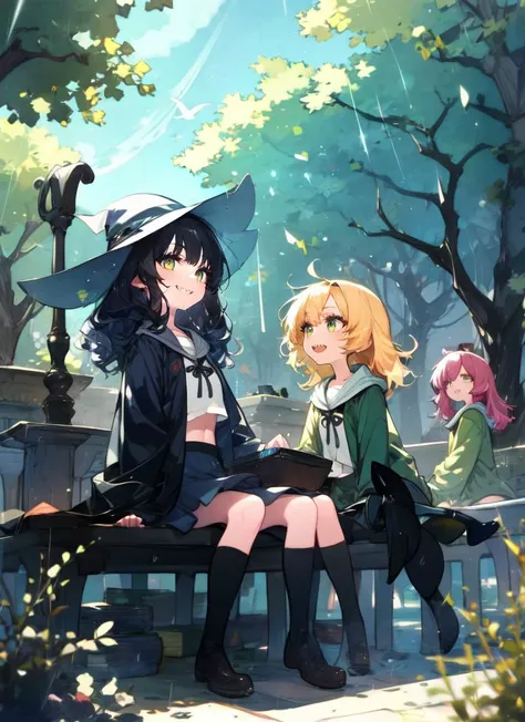 anime girls sitting on a bench in a park with a hat on