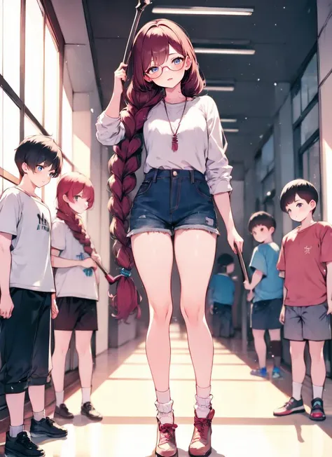 anime girl with long red hair and glasses standing in a hallway