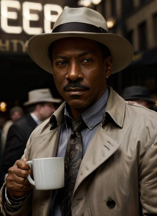 em1, man, one man, mustache, man as ((Troubled Detective: Trench Coat, Fedora Hat, Necktie, Coffee Mug, Cryptic Expression)), masculine, photorealistic painting,  portrait, stunningly attractive(extremely detailed 8k wallpaper), highly detailed face, intri...