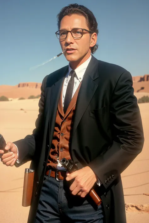 t0ml3h3r as cowboy wearing glasses, holding gun, shot from below, in desert, smoking, jewish, clean-shaven, lush colors, western movie, cinematic <lora:LehrerYay:1>