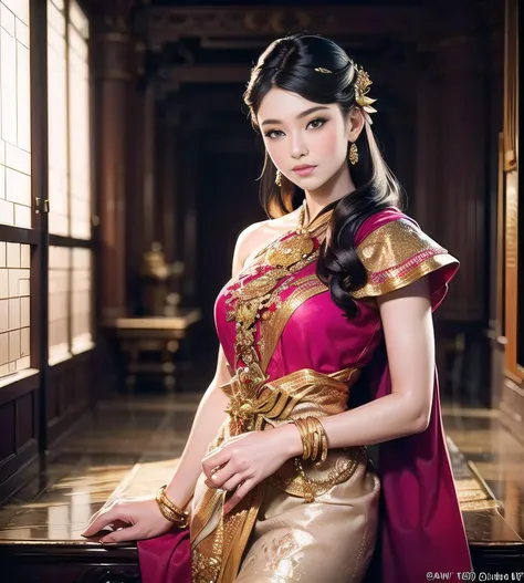 (masterpiece, top quality, best quality, official art, beautiful and aesthetic:1.3) (RAW photo, best quality), (realistic, photo-realistic:1.3),In the heart of Thailand, a captivating scene unfolds as the most beautiful lady in the land stands before an an...