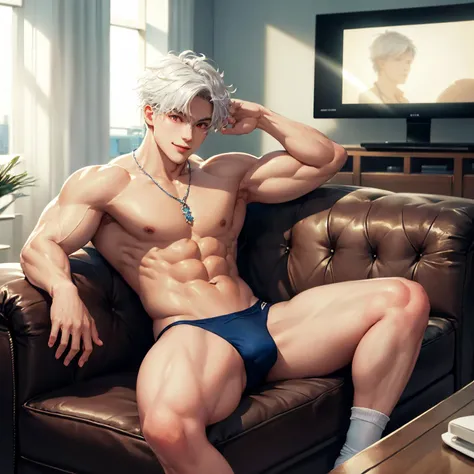 masterpiece, best quality, detailed, unity 8k wallpaper, ultra high res, from front, professional lighting,
1boy, male underwear, white socks, torn bodysuit, bare legs, perfect body, aged up, 
muscular, abs, big pectoralis, white skin, sitting,
detailed fa...