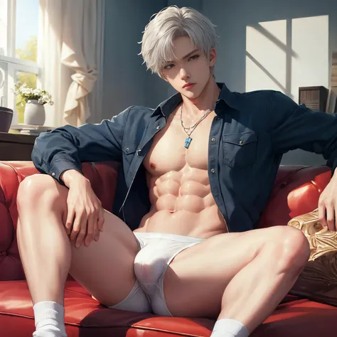 masterpiece, best quality, detailed, unity 8k wallpaper, ultra high res, from front, professional lighting,
1boy, male underwear, white socks, torn bodysuit, bare legs, perfect body, aged up, 
muscular, abs, big pectoralis, white skin, sitting,
detailed fa...