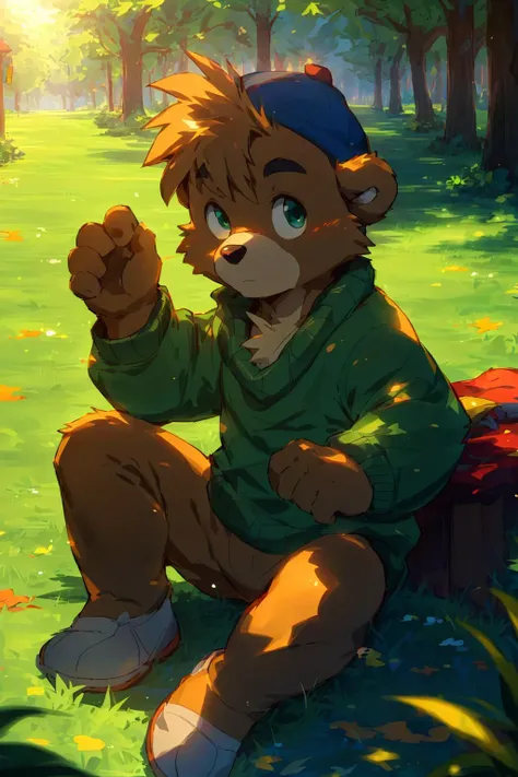 a cartoon bear sitting on a blanket in a park