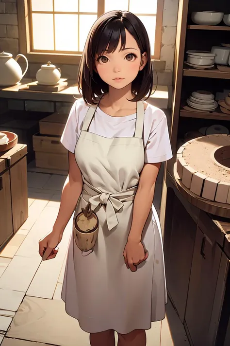 anime girl in apron holding a cup of coffee in a kitchen