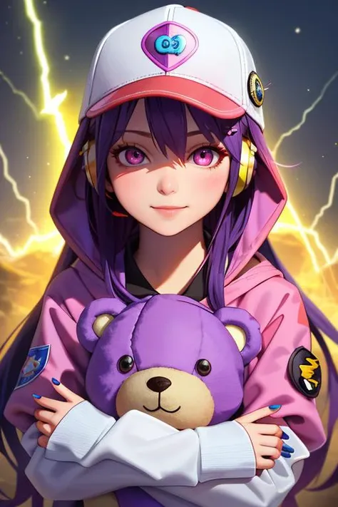 a close up of a person holding a teddy bear in front of a lightning