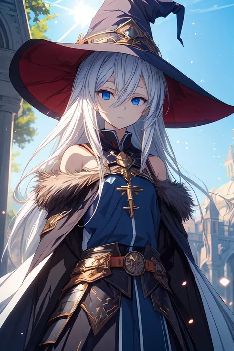 anime artwork masterpiece, best quality, flat chest, 1girl, flat chest, standing, upper body, blue eyes, closed mouth, day, long sleeves, looking at viewer, outdoors, white coat, black and blue mage robe, (absurdly long hair:1.2), expressionless eyes, solo...