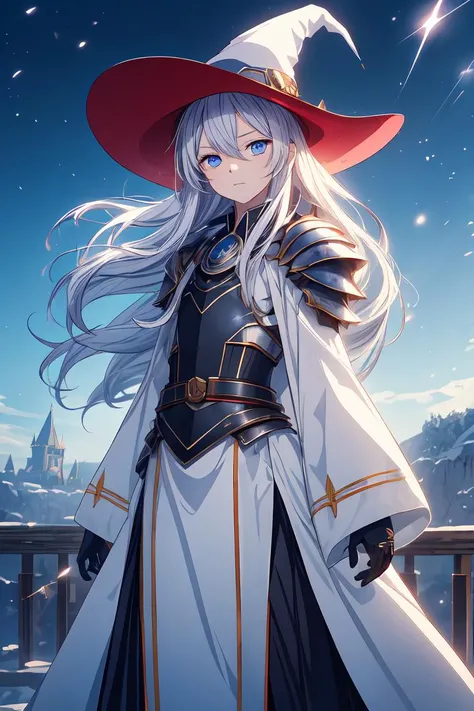 anime artwork masterpiece, best quality, flat chest, 1girl, flat chest, standing, upper body, blue eyes, closed mouth, day, long sleeves, looking at viewer, outdoors, white coat, black and blue mage robe, (absurdly long hair:1.2), expressionless eyes, solo...