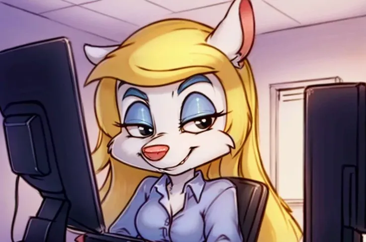 1girl, MinervaMinkCzar,(furry, furry female, full body), (animal ears, long tail, blonde tail, snout, swept bangs, long hair, blonde hair, makeup, black eyes, blue eyeshadow), (white blouse, button down shirt, pencil skirt, typing), (indoors, office, desk,...