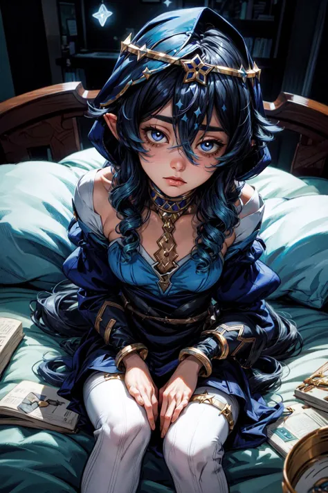 thick outlines, comics, photorealistic, perfect hands, masterpiece:1.2, 1girl, solo, sitting on bed, half asleep, bags under eyes, small breast, <lora:layla1:0.8>, layladef,  <lora:bags under eyes:0.6>, ice stars, detailed background, detailed face, detail...