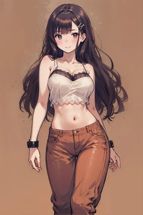 longan, 1girl, solo, long hair, monochrome, blush, navel, hair ornament, bangs, pants, bare shoulders, midriff, slight smile, blush, large breasts, lace crop top, emote,