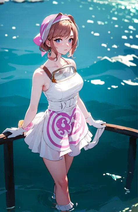 masterpiece, highest quality, subsurface scattering, chromatic lighting, colorized, yellow + pink + blue + white + brown + green limited color palette,

looking at viewer,

palina, bandana, short white dress, white gloves, apron, shoes, medium breast,

isl...