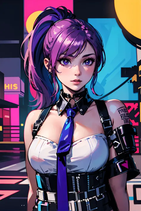 masterpiece, highest quality, realistic, subsurface scattering, chromatic lighting,
colorized, pink + white + purple + blue limited color palette, detailed concept drawing, line-art, illustration,
cyberpunk,
18yo 1girl, medium breasts,
extrovert,
ponytai...