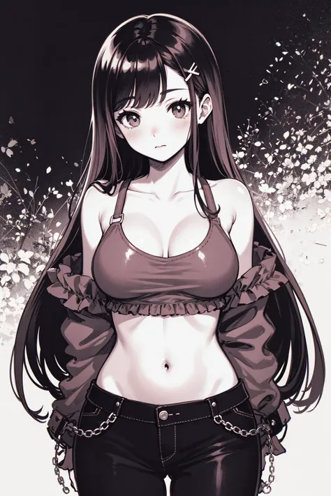 longan, 1girl, solo, long hair, white background, monochrome, blush, simple background, navel, hair ornament, bangs, pants, bare shoulders, midriff, closed mouth <lora:longan-pynoise:1>