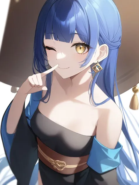 1girl,solo,long hair,one eye closed,blue hair,breasts,white background,yellow eyes,smile,earrings,simple background,very long hair,bare shoulders,looking at viewer,finger to mouth,index finger raised,long sleeves,bangs,wide sleeves,small breasts,closed mou...