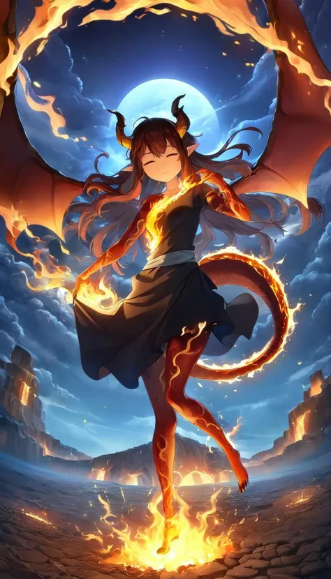 1girl,solo,dragon horns,dragon wings,dragon tail,(dragon girl:1.2),pointy ears,(fire element:1.1),composed of fire elements,<lora:xl-shanbailing-1003fire-000010:0.85>,burning,transparency,fire,(molten rock),flame skin,flame print,fiery hair,smoke,cloud,(((...