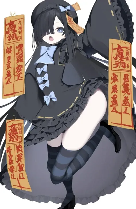 masterpiece, best quality,1girl, solo, long hair, ofuda, dress, jiangshi, black hair, white background, striped, simple background, full body, talisman, frills, looking at viewer, bow, thighhighs, one eye covered, frilled dress, long sleeves, chinese cloth...