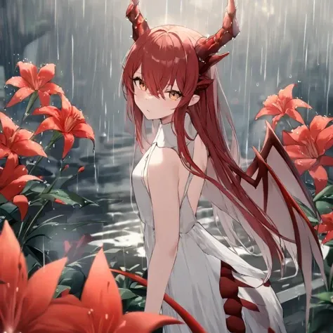 masterpiece, (best quality:1.3), 1girl, red flowers, rain, dragon girl, dragon tail, dragon wings, dragon horns, white dress, long hair, <lora:lily_style_xl:1>