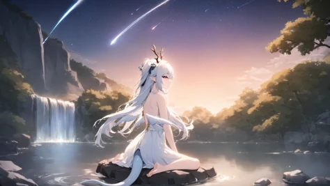1girl,
masterpiece, best quality, recent, newest, absurdres, sensitive,
horns, solo, long hair, wings, night, sitting, sky, starry sky, tail, side up, antlers, pink eyes, barefoot, outdoors, wariza, night sky, water, dragon tail, white hair, dragon horns, ...