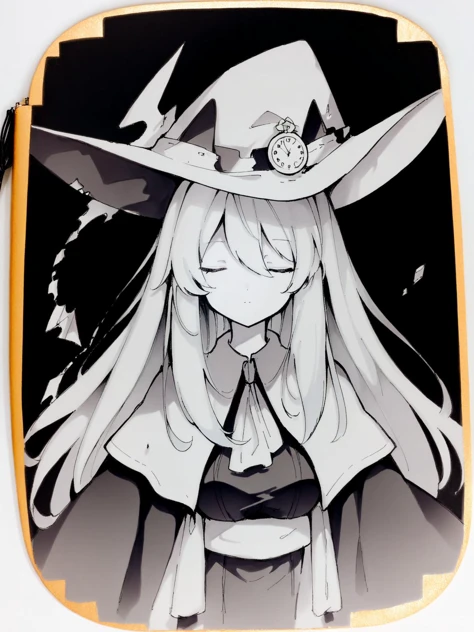 [(white background:1.4)::4],solo,round image,(traditional media:1.3),(monochrome:1.2),limited palette,(flat color:1.3),sketch,solo,1girl,robe,capelet,witch hat,long hair,gray hair,black eyes,hair between eyes,medium breasts,upper body,looking at viewer,exp...